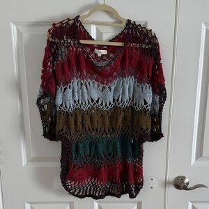 Umgee Cotton Blend Big Hole Crochet Open Knit Shell Pullover Sweater 1XL